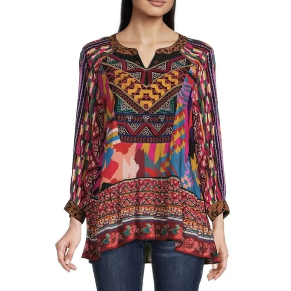 John Mark Geometric Floral Print Embroidered Front Split V-Neck Ruffle H… - Picture 1 of 3
